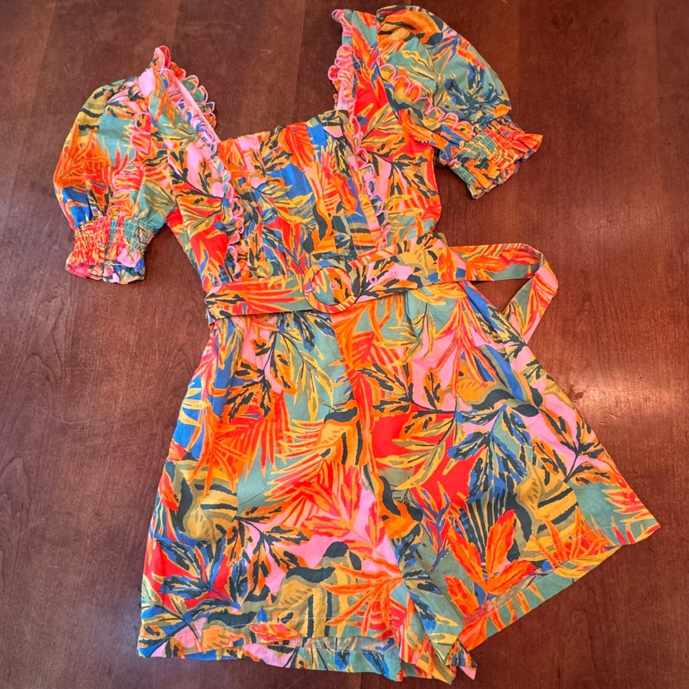 J. Marie Romper Women S Multicolor Tropical Leaf Belted Puff Sleeve Ruffle Trim